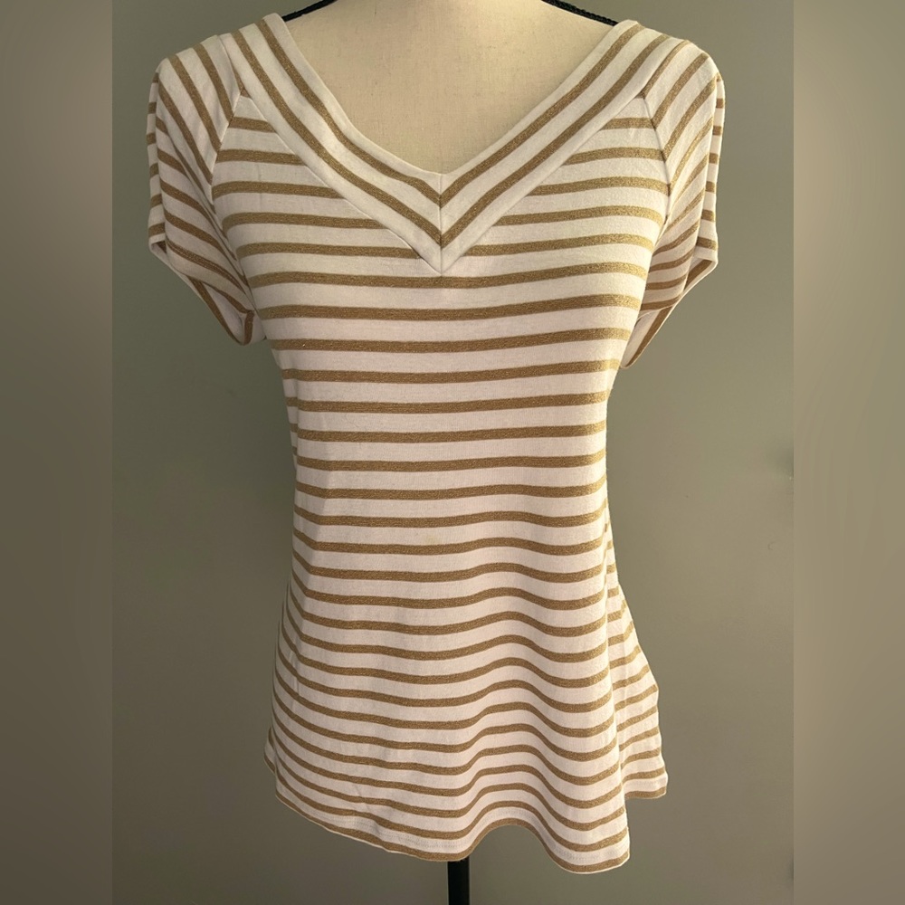 Summer Blouse with White and Gold Shimmer Stripes
